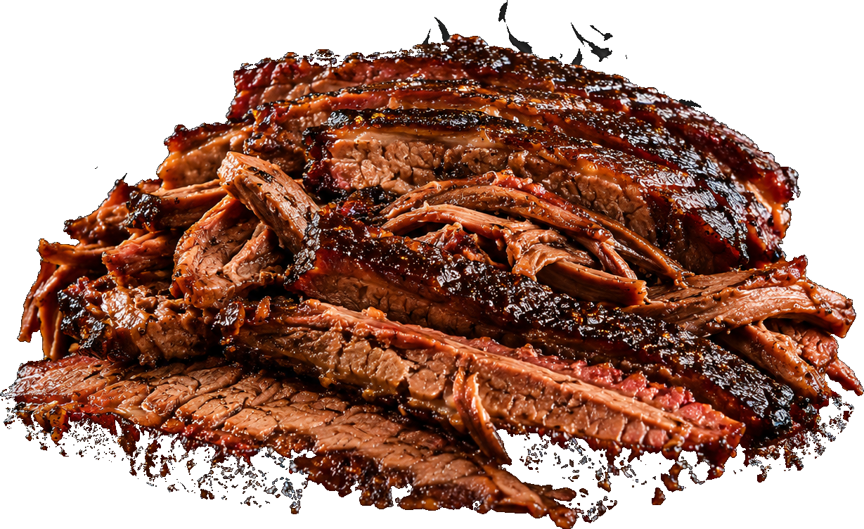 A pile of slow-cooked sliced brisket